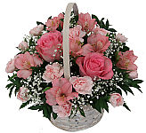 Send get well wishes a Canada Flowers Original design of pink and white flowers in a handled whitewash basket. Same day delivery across Canada.