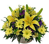Get Well Wishes flower basket, featuring yellow lilies, daisies and alstroemerias with purple highlights. Same day flower delivery to most towns and cities across Canada.