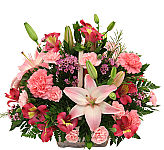 Send a pink floral get well basket made with lilies, carnations, alstroemerias, miniature carnations, wax flower and greenery. Same day Canada delivery.