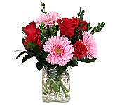 Special glass vase floral gift of lush red roses and luxuriously pink Gerbera daisies with greens and wire treatments.