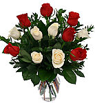 Show her that you're thinking of her with this sensational arrangement of six red and six white long stem roses.
