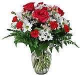Send a gorgeous floral arrangement of red roses and white daisies with red and pink carnations. Same day flower delivery across Canada.