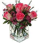 Show her your love with this modern arrangement of pink roses in a cube vase. Secure, reliable and fully guaranteed online flower shopping.