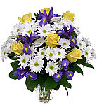 Our Abundant Life arrangement of yellow roses, white daisies and purple irises is a fantastic way to express your heartfelt congratulations to the new mom and baby