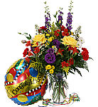 Colourful vase floral arrangement in purple, yellow, red and white with matching festive balloon. Celebrate newborn baby with maternity flowers from Canada Flowers.