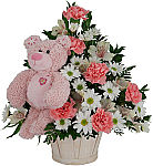 Pink and white maternity floral arrangement with added pink teddy bear. Same day delivery across Canada.