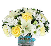 Glass cube vase arrangement with yellow roses, soft yellow carnations, white lilies, and white daisies ties with a sky blue bow.