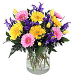 Lively, bright and fresh Spring flower arrangement including yellow tulips, yellow and pink Gerberas plus vibrant purple irises. Another Canada Flowers original floral design.
