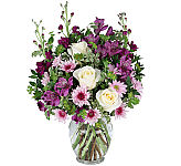 Vase arrangement of cream or white roses, dark purple stock, purple alstroemeria, mauve daisies and bupleurum.
