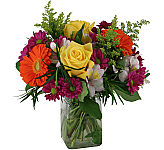 Top selling budget friendly cube vase arrangement of colourful flowers for summertime gift giving. Flowers delivered same day across Canada with Canada Flowers.
