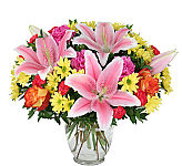 Glass vase arrangement of Stargazer lilies, yellow daisies, pink carnations, hot pink mini carnations, orange roses.