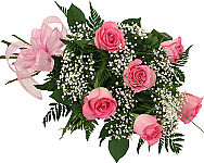 Say thank-you with a pretty bouquet of six long stem pink roses with baby's breath, greenery and pink bow. An easy to give gift from Canada Flowers at canadaflowers.ca.