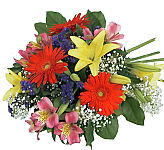 Rainbow coloured fresh flower bouquet includes gerbera daisies, alstroemeria, lilies, statice and baby's breath. Priced from $52 delivered to across Canada by Canada Flowers.