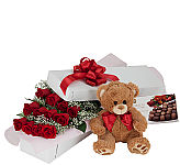 One dozen red roses with teddy bear and box of chocolates for Valentine's Day.