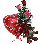 Send a three part gift of teddy bear, lovethemed balloon and rose trio in a bud vase. Say I Love You with this wonderful Canada Flowers gift. Available same day across Canada.