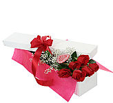 Six premium long stem red roses presented in a gift box with red ribbon, baby's greath and greenery. Rose delivery across Canada for Valentine's Day.