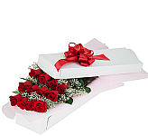 Order one dozen long stemmed red roses with baby's breath, arranged in a rose gift box for Valentine's Day. Delivery across Canada with Canada Flowers.