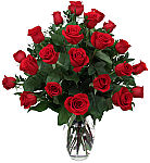 Order two dozen long stemmed red roses arranged in a glass vase for Valentine's Day. Delivery across Canada with Canada Flowers.