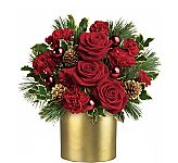 Gold cylinder vase of red roses with burgundy carnations and assorted Christmas greens, pinecones and red ornaments. Same day flower delivery across Canada.