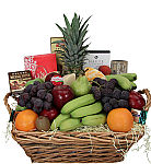 Basket of assorted fresh fruit plus complementary gourmet items like cheese, crackers, chocolates and nuts. A great gift for the office or the home at Christmas time.