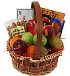 Tantalizing Treats. Fruit and snacking basket including assorted fresh fruit with chocolates, cookies, chips and nuts. Lots of variety and great flavours to choose from!
