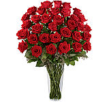 Two dozen long stemmed red roses arranged in a glass vase. Available for same day delivery in Canada.