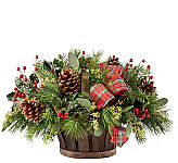 Whether you’re welcoming your family home or sharing a gift filled with natural cheer, our Holiday Homecomings Basket is the perfect arrangement to do so. A lush collection of assorted Christmas greens, seeded eucalyptus and holly come together with a rustic wooden basket. Accented by a red and green ribbon, pinecone pics and metallic berry pics, this arrangement adds a touch of charm to wherever its placed.