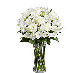 All white sympathy flowers arranged in a tapered glass vase, featuring several roses and alstroemeria.