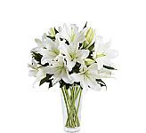 Express your sympathy with this beautiful clear glass vase arranged with several stems of Oriental white lilies and complementary greeens.