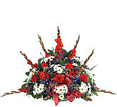 Traditionallystyled funeral arrangement of red gladiolus, white daisies, red carnations and purple irises with baby's breath. Canadawide delivery.