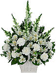 Handled basket arrangement of all white flowers including snapdragons, carnations and alstroemeria.