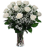 Vase arrangement of one dozen premium long stem white roses with baby's breath and greens. Suitable for the family home or the funeral service.