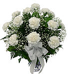 One dozen white carnations with baby's breath and white bow makes an affordable sympathy gift for the funeral home. Delivery across Canada.