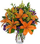 Budget friendly vase of orange lilies with purple statice and solidago, suitable for many occasions or sentiments, including funeral or sympathy. Canada delivery