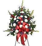 Traditional standing funeral spray in red, white and purple. Our Be At Peace arrangement is displayed on an easel at the funeral home or church. Sympathy flowers for the funeral from Canada Flowers at CanadaFlowers.CA.