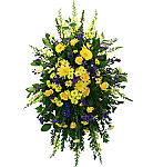 Our Heart of Gold funeral spray is a bright and beautiful display of yellow and blue flowers artfully arranged and perfect for the funeral home. Let Canada Flowers take care of your sympathy flower orders.