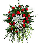 Beautiful standing funeral spray in traditional red and white for delivery across Canada.
