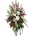 Our Perfectly Peaceful funeral spray is an elegant arrangement in pinks and whites using roses, gladioli, snapdragons, orchids and other flowers for a lovely and touching display at the funeral home.