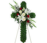 Forever Cross is a beautiful green salal cross for the funeral home, mortuary or church service with a white and red floral spray. Available across Canada with Canada Flowers.