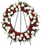 Our Spectacular Tribute rose wreath is created with several dozen red and white roses. This is an extraordinary expression of your sympathy. Canada wide delivery.