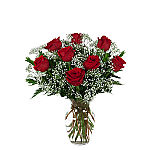 Choose from one to thirty six long stemmed red roses, florist arranged in a glass vase with greens and baby's breath, and hand delivered across Canada.