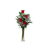 Choose from one to thirty six long stemmed red roses, florist arranged in a glass vase with greens and baby's breath, and hand delivered across Canada.