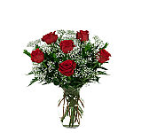 Choose from one to thirty six long stemmed red roses, florist arranged in a glass vase with greens and baby's breath, and hand delivered across Canada.