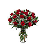 Choose from one to thirty six long stemmed red roses, florist arranged in a glass vase with greens and baby's breath, and hand delivered across Canada.