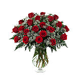 Choose from one to thirty six long stemmed red roses, florist arranged in a glass vase with greens and baby's breath, and hand delivered across Canada.
