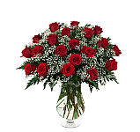 Choose from one to thirty six long stemmed red roses, florist arranged in a glass vase with greens and baby's breath, and hand delivered across Canada.
