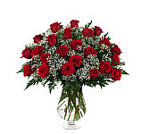 Choose from one to thirty six long stemmed red roses, florist arranged in a glass vase with greens and baby's breath, and hand delivered across Canada.