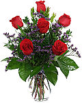 Superb vase arrangement of 1/2 dozen red, long stem roses in a vase with limonium by Canada Flowers. Shop online for florist delivered flowers across Canada.