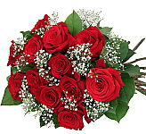 One dozen long stemmed red roses with added baby's breath and foliage, wrapped and tied with a matching bow. Same day flower and rose delivery across Canada.