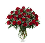 Stunning vase arrangement of 24 red roses with added greens and baby's breath. Make a statement with this exceptional rose gift.